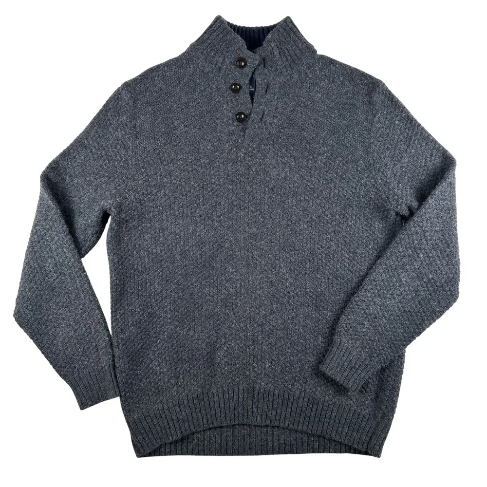 Vintage Lands' End Sweater Mens Large Mock Neck Waffle Knit Button Pullover
